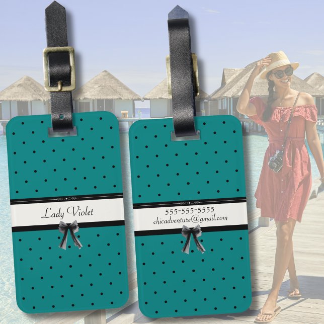 Moderne Luxus Türkis Monogramm Sommer Reise Gepäckanhänger (Deep teal luxury. 🌊 Elevate your travel gear with our signature teal & polka dot design.)
