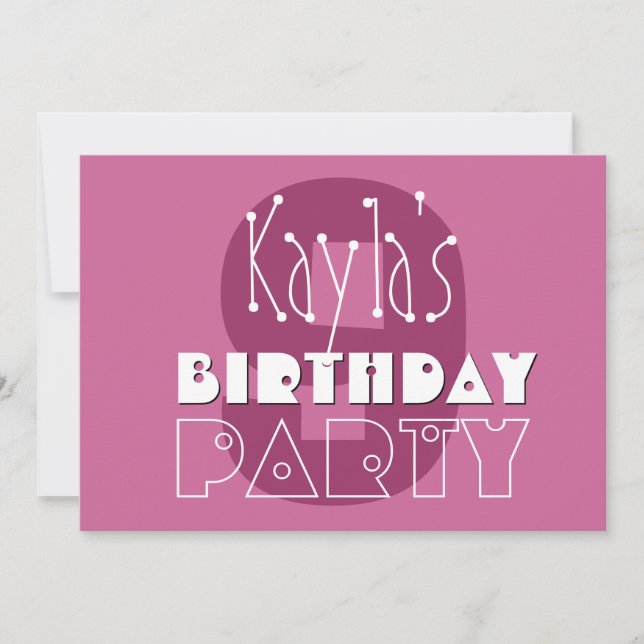 Moderne Mädchen 9th Birthday Pink Stars Ver 002 W6 Einladung (Vorderseite)