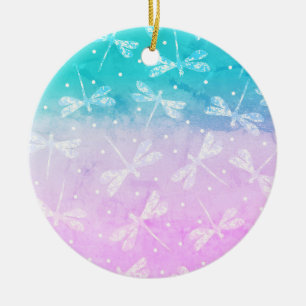 Moderne, mädchenhafte, blassrosa-aqua Ombre-Libell Keramik Ornament