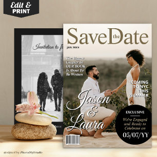 Moderne Magazine-Verlobung Save the Date einladen Feiertagskarte