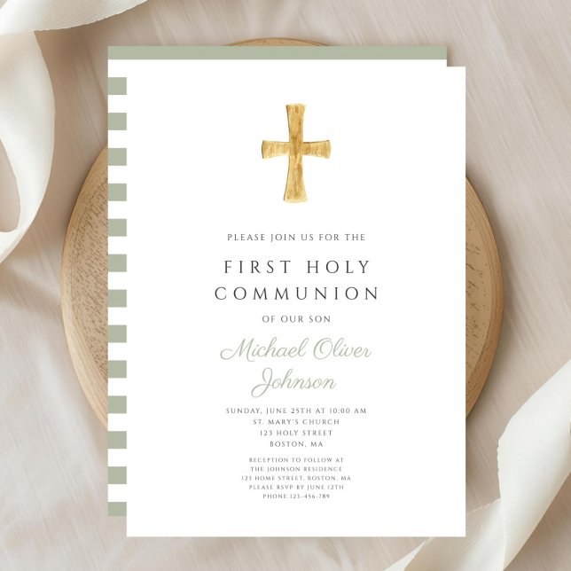 Moderne Magensonde Grünstreifen kreuzen Erste Komm Einladung (Modern Sage Green Stripes Cross First Communion Invitation)