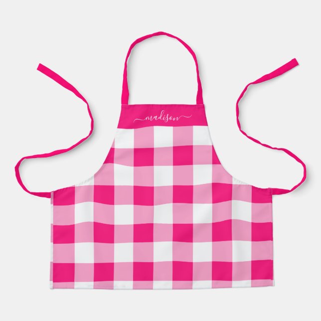 Moderne magenta gingham-Skriptbezeichnung Schürze (Vorderseite)