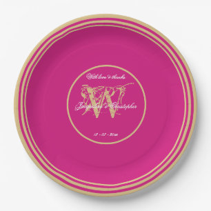Moderne Magenta + Gold Monogram Chic Wedding Pappteller