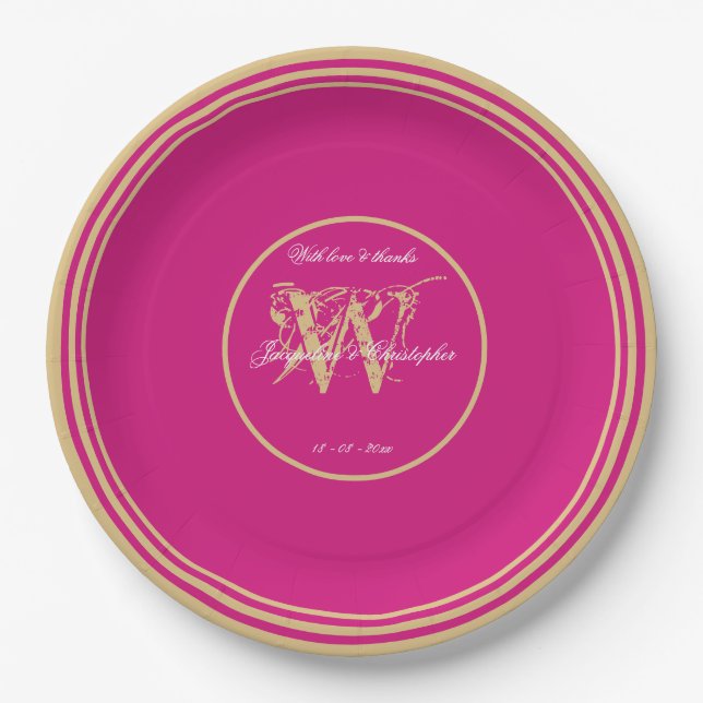 Moderne Magenta + Gold Monogram Chic Wedding Pappteller (Vorderseite)