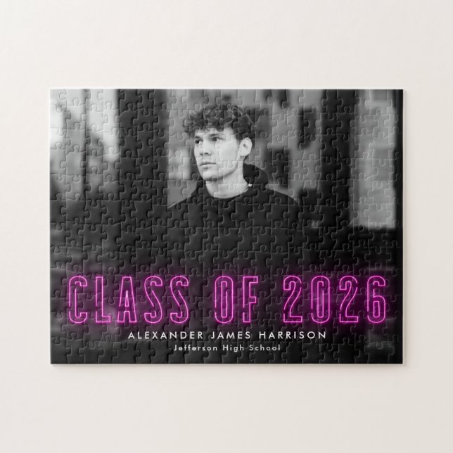 Moderne Magenta Neon Class 2025 Abschluss Foto Puzzle (Horizontal)
