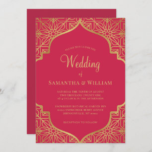 Moderne Magenta Red Gold Hochzeitseinladung Einladung