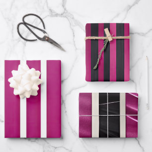 Moderne Magenta Schwarz-weiße, fette Streifen Geschenkpapier Set