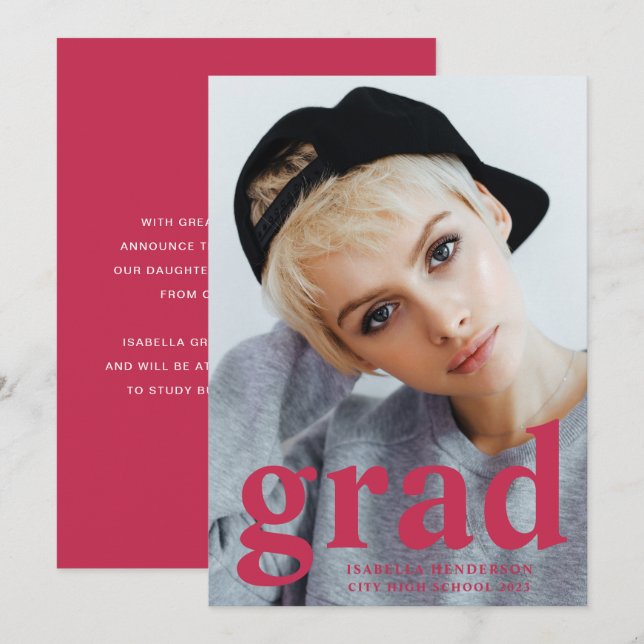 Moderne Magenta Typografie Foto Abschluss Ankündigung (Vorne/Hinten)