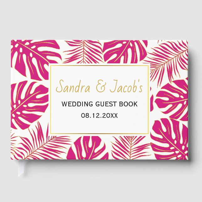 Moderne magentafarbene tropische Blätter Hochzeit Gästebuch (Vorderseite)