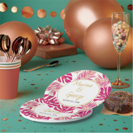 Moderne magentafarbene tropische Blätter Hochzeit Pappteller