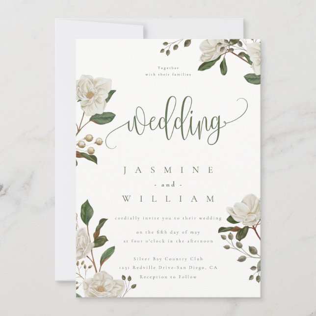 Moderne Magnolien-Hochzeit Einladung (Vorderseite)