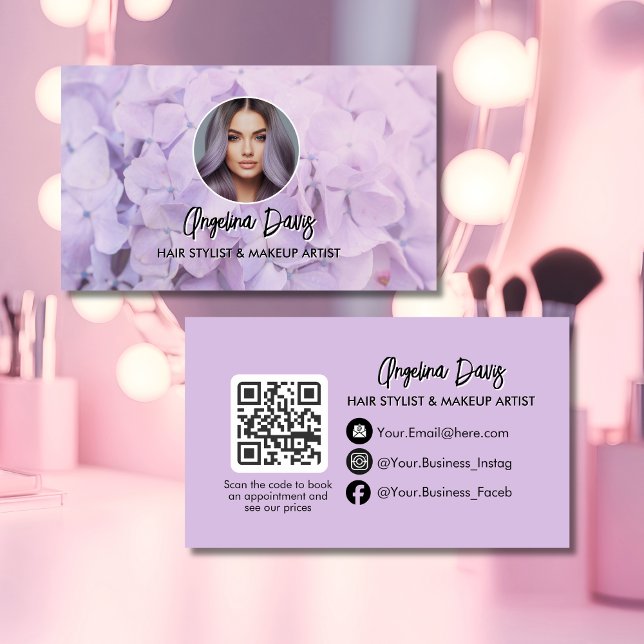 Moderne Make-up-Blumenmuster-lila Foto-QR-Code Visitenkarte (Von Creator hochgeladen)