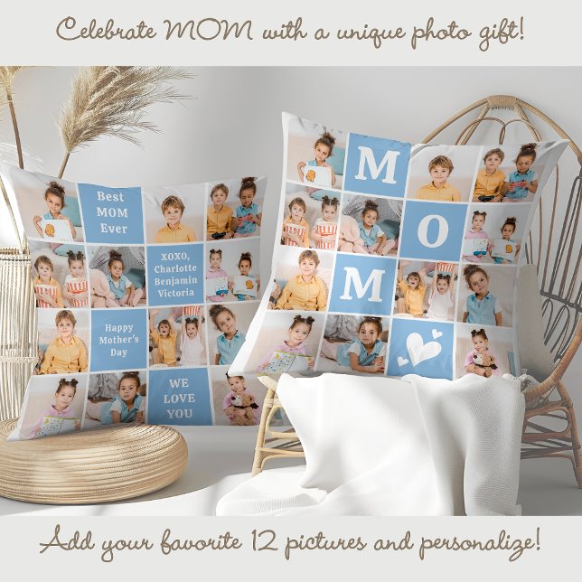 Moderne MAMA Personalisiert 12 Foto Collage Blue Kissen (Von Creator hochgeladen)