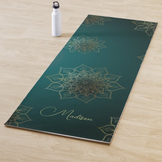 Moderne Mandala Blume Dunkelgrüner Goldname Yogamatte (Beispiel)