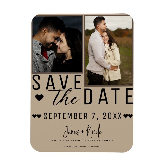 Moderne Mandelbeige Save the Date 2 Foto Hochzeit Magnet (Vertikal)