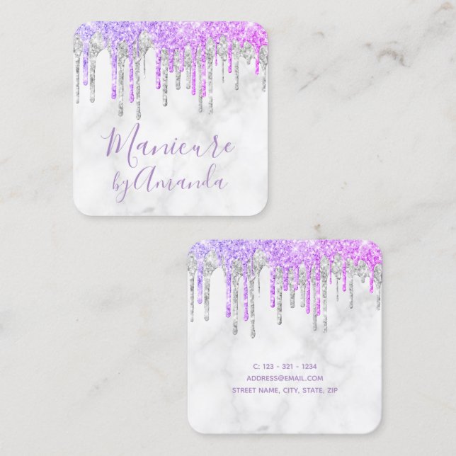 Moderne Maniküre aus lila und Marmor Glitzer Tropf Quadratische Visitenkarte (Vorne/Hinten)
