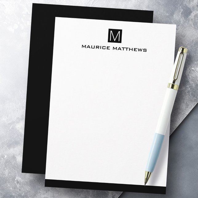 Moderne männliche Monogramm Name schwarz viereckig Mitteilungskarte (Modern masculine monogram name black square flat note card)