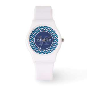 Moderne Marine Aqua Blue Zickzack & Monogram Armbanduhr