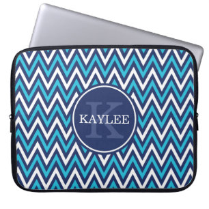 Moderne Marine Aqua Blue Zickzack & Monogram Laptopschutzhülle