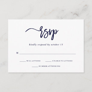 Moderne Marine-Blau-Hochzeits-Antwort des Skript-  RSVP Karte