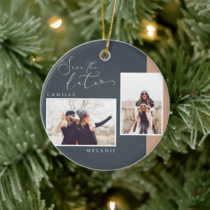 Moderne Marine & Tan Two Tone Foto Save the Date Keramik Ornament