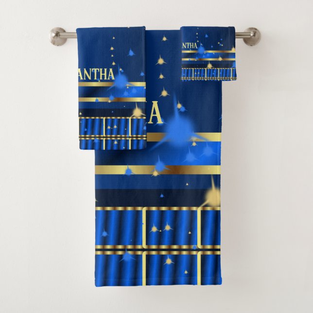 Moderne Marine und Royal Blue Gold Geometric Badhandtuch Set (Insitu)