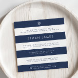 Moderne Marine & White Stripe Bar Mitzvah Einladun Einladung<br><div class="desc">Unsere Bar Mitzvah Einladungen haben ein modernes nautisches Ambiente, mit breiten, waagerechten Marineblauen und weißen Streifen mit modernen Sans Serifenschrift und einem kleinen Stern von David an der Spitze. Verwenden Sie die bereitgestellten Textfelder, um Ihre eigenen Intro-, Zeremoniedetails und Party-Details hinzuzufügen. Passen Sie die Formulierung an, wie Sie es wünschen,...</div>