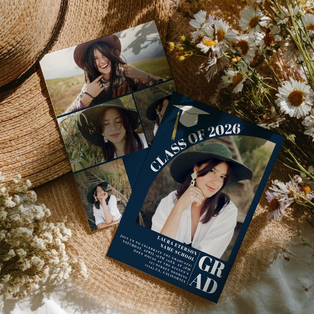 Moderne Marineblau 5 Fotos Abschluss Einladung (Modern arch navy blue 5 photos graduation invitation)