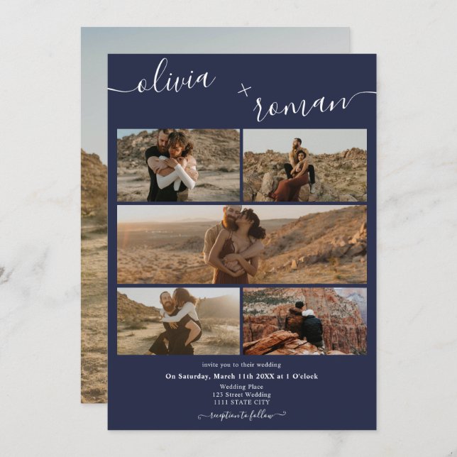 Moderne marineblau 6 Fotos Gitterkollektion Hochze Einladung (Vorne/Hinten)