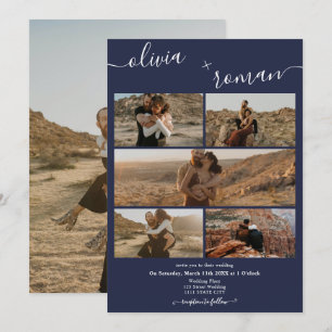 Moderne marineblau 6 Fotos Gitterkollektion Hochze Einladung