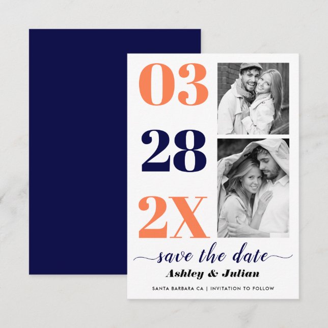 Moderne marineblau, Korallentypografie zwei Foto Save The Date (Vorne/Hinten)