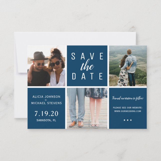 Moderne marineblaue 3-Foto-Collage Save The Date (Vorderseite)