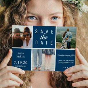 Moderne marineblaue 3-Foto-Collage Save The Date