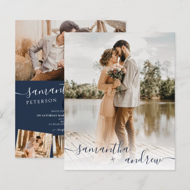 Moderne marineblaue Drehbuch 5 Fotos Budget Hochze (Vorne/Hinten)