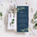 Moderne marineblaue Eukalyptus Hochzeit Menükarte<br><div class="desc">Schönes zartes Eukalyptus Blattwerk Hochzeitsmenü-Design. Moderne Eleganz auf dem Trend Salbeigrün,  schwarz,  marineblau und weiß stilvolle zeitgenössische rustikale Sammlung. Ideal für Frühjahr,  Sommer,  Herbst,  Herbst oder Winter Hochzeiten.</div>