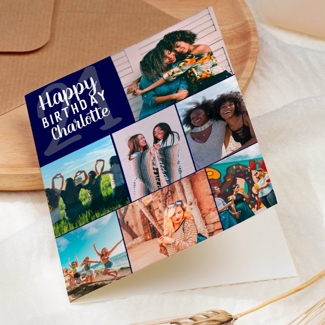 Moderne marineblaue Fotos Kollage Grid 21 Geburtst Karte (Modern navy blue photos collage grid 21 birthday card)
