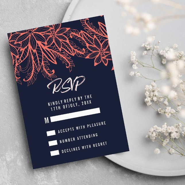 Moderne marineblaue Korallenblüte Hochzeit RSVP (Modern navy blue coral summer floral Wedding RSVP )