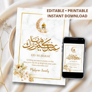 Moderne Marmor-Eid-Mubarak-Karte goldener Halbmond Feiertagskarte