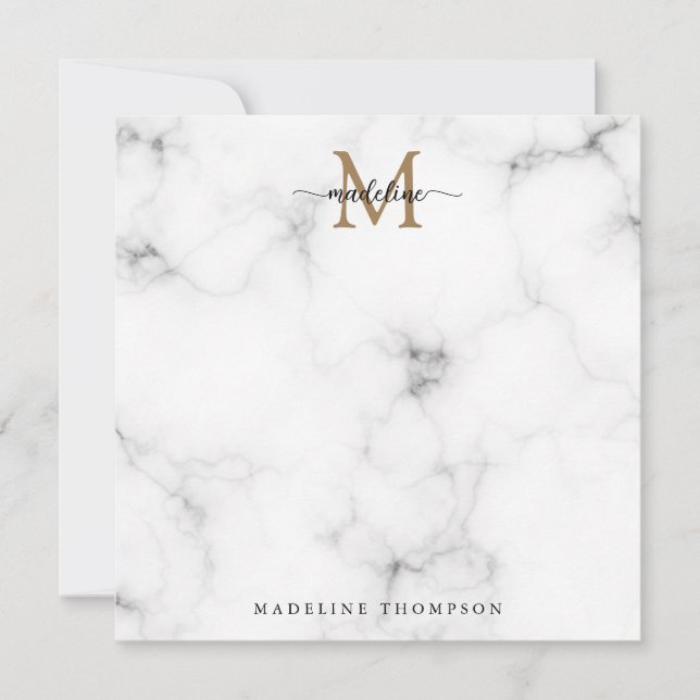 Moderne Marmor Gold Mädchenhaftes Skript Monogramm Mitteilungskarte (Vorderseite)