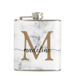 Moderne Marmor-Gold-Schrift-Monogramm Mädchen Flachmann