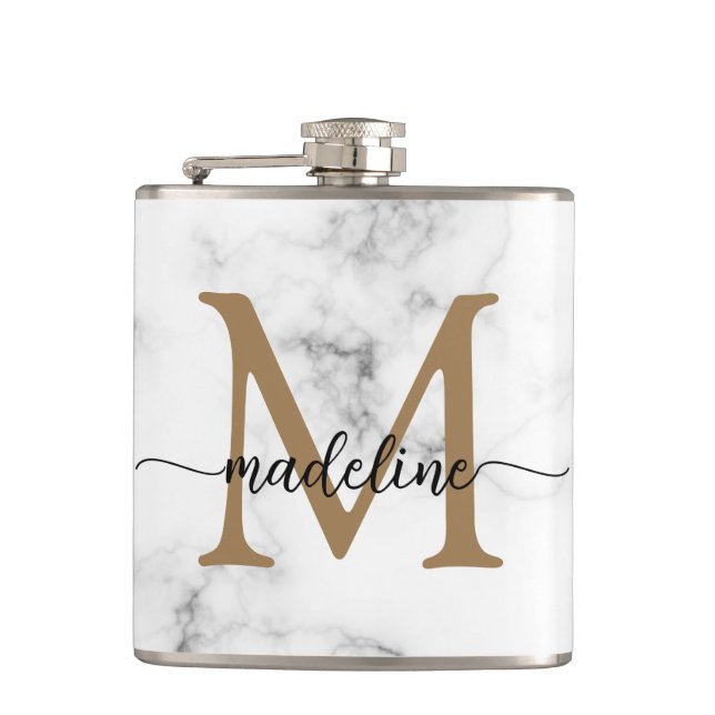 Moderne Marmor-Gold-Schrift-Monogramm Mädchen Flachmann (Vorderseite)