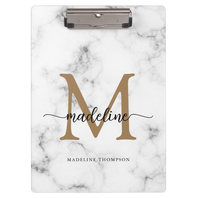 Moderne Marmor-Gold-Schrift-Monogramm Mädchen Klemmbrett (Vorderseite)