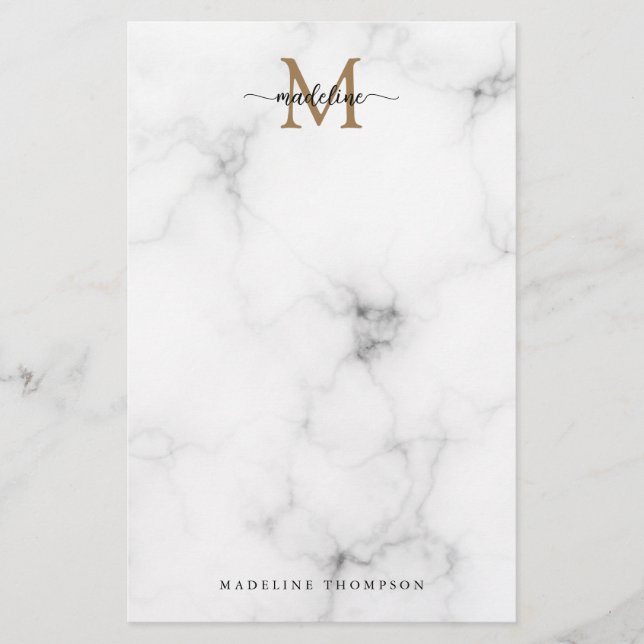 Moderne Marmor-Gold-Schrift-Monogramm Mädchenhaft Briefpapier (Vorderseite)