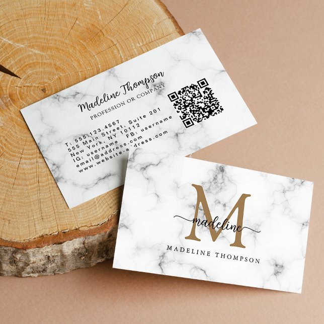 Moderne Marmor-Gold-Schrift-Monogramm-QR-Code Visitenkarte (Von Creator hochgeladen)