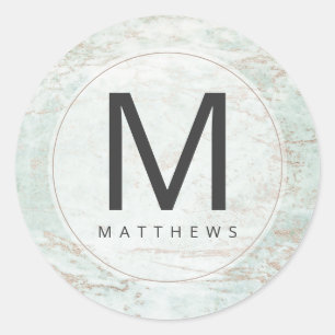 Moderne Marmor in Mint Rose Gold Monogram Wedding Runder Aufkleber