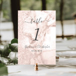 Moderne Marmorhochzeit Rose Gold Glitzer Tischnummer<br><div class="desc">Dieses elegante Design verfügt über handgeschriebene Holzkohle,  kursiv und sans serif Schriftart auf einem Hintergrund von Rose Goldmarmor und Imitat Glitzer.</div>