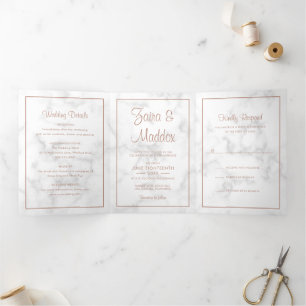 Moderne Marmorhochzeit Rose Gold Script Hochzeit Dreifach Gefaltete Einladung