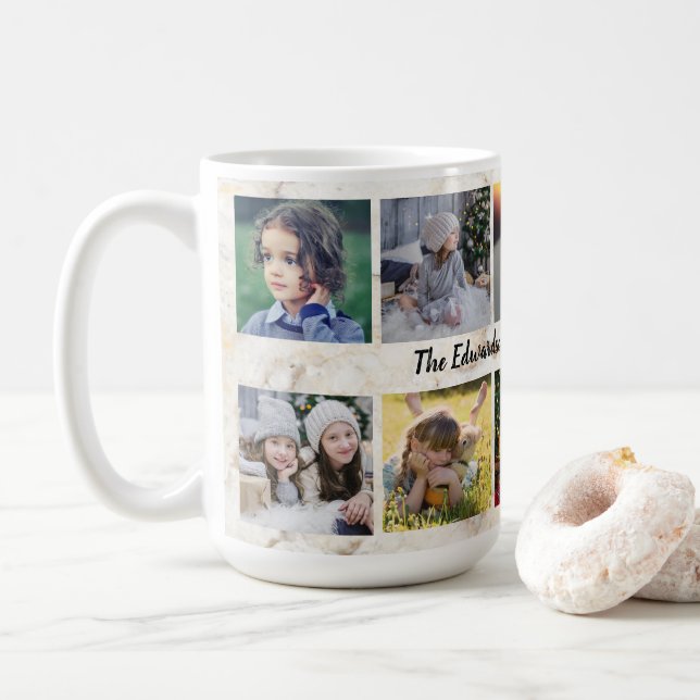 Moderne Marmormuster Foto Collage Familienname Kaffeetasse (Mit Donut)