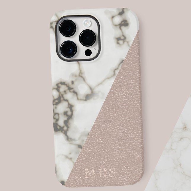Moderne Marmorrosa Imitate Ledermonogramm Case-Mate iPhone Hülle (A lovely half  blush pink faux leather look & half marble phone case with space for your initials)