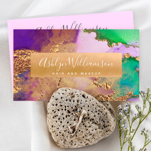 Moderne Marmorwasserfarbe, goldfarbenes lila Aquar Visitenkarte